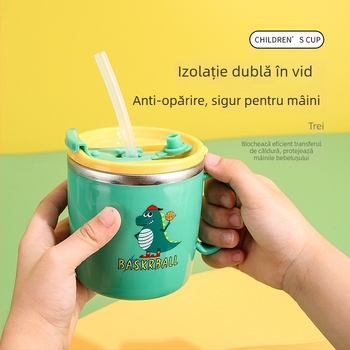 Pahar de apă pentru copii din oțel inoxidabil 304, cu capac și pai, protecție împotriva arsurilor, rezistent la căderi, design desen animat