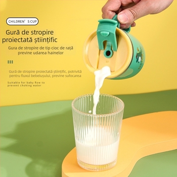 Pahar de apă pentru copii din oțel inoxidabil 304, cu capac și pai, protecție împotriva arsurilor, rezistent la căderi, design desen animat