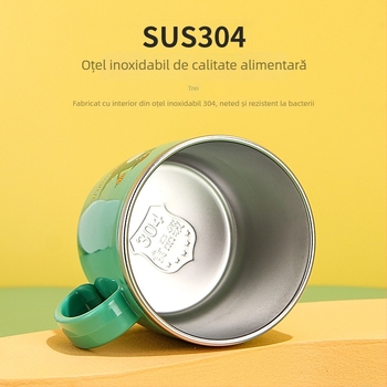 Pahar de apă pentru copii din oțel inoxidabil 304, cu capac și pai, protecție împotriva arsurilor, rezistent la căderi, design desen animat