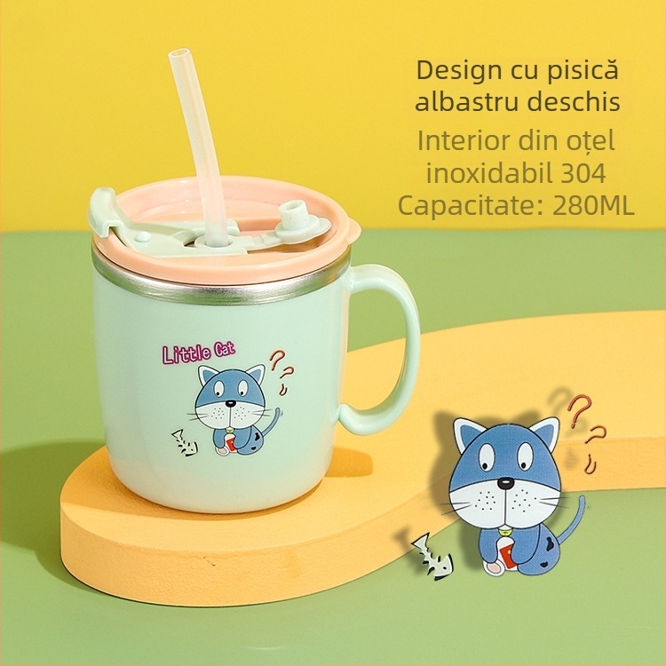 Pahar de apă pentru copii din oțel inoxidabil 304, cu capac și pai, protecție împotriva arsurilor, rezistent la căderi, design desen animat