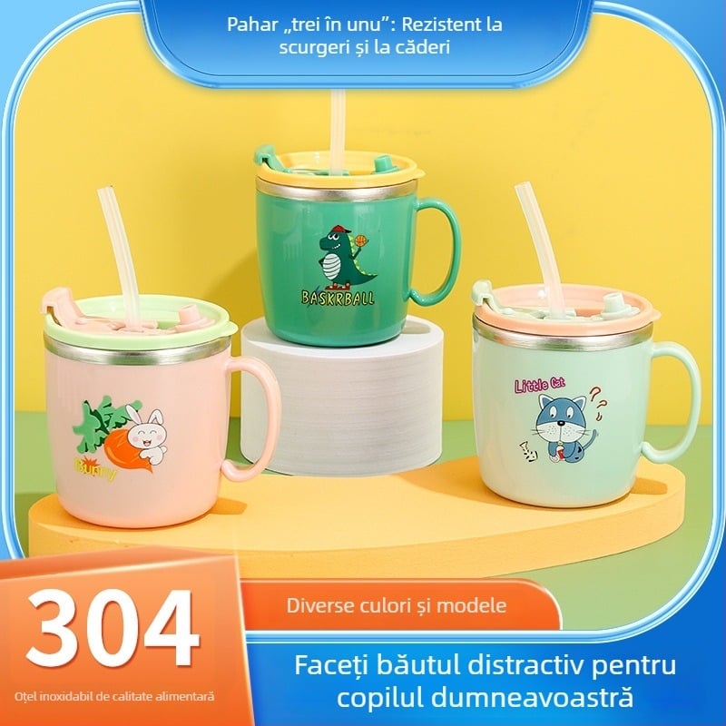 Pahar de apă pentru copii din oțel inoxidabil 304, cu capac și pai, protecție împotriva arsurilor, rezistent la căderi, design desen animat