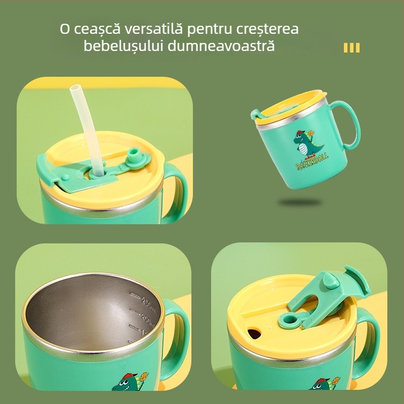Pahar de apă pentru copii din oțel inoxidabil 304, cu capac și pai, protecție împotriva arsurilor, rezistent la căderi, design desen animat