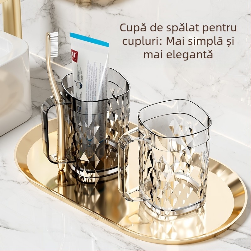 Pahar transparent de baie, lux ușor, pentru apă de gură și periuțe de dinți, cu mâner și compartimente