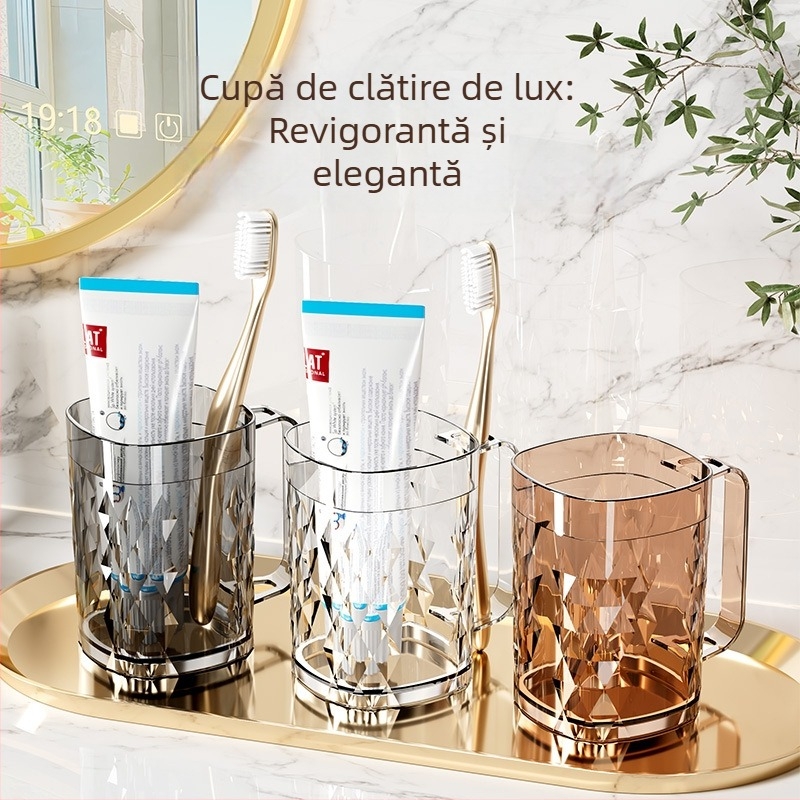 Pahar transparent de baie, lux ușor, pentru apă de gură și periuțe de dinți, cu mâner și compartimente
