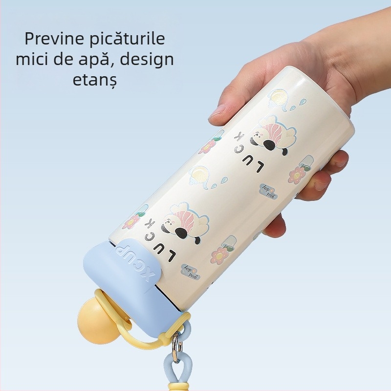 Noul termos cu design animat, cu bilă plutitoare, din oțel inoxidabil 316, cu pai, portabil, utilizare dublă
