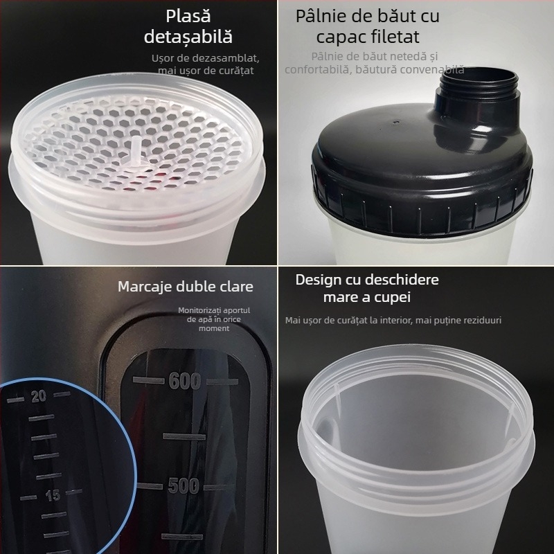 Cupă de amestecare pentru proteine cu capac etanș, recipient sport din plastic, capacitate mare