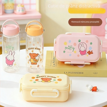 Set pentru copii Miffy: cutie de prânz drăguță și pahar de apă, compatibil cu cuptorul cu microunde, design desen animat, pentru călătorii, set din două piese