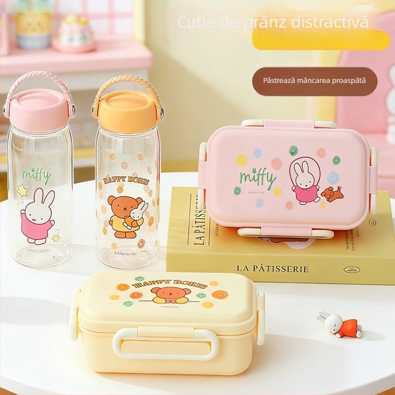 Set pentru copii Miffy: cutie de prânz drăguță și pahar de apă, compatibil cu cuptorul cu microunde, design desen animat, pentru călătorii, set din două piese