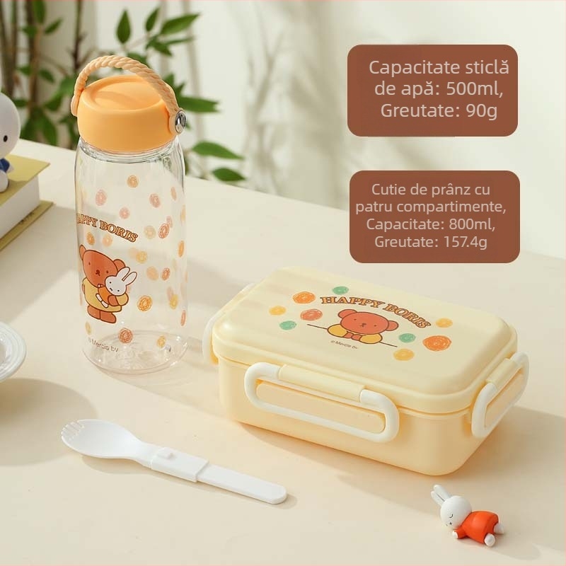 Set pentru copii Miffy: cutie de prânz drăguță și pahar de apă, compatibil cu cuptorul cu microunde, design desen animat, pentru călătorii, set din două piese