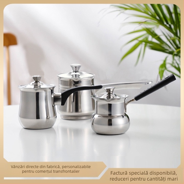 Căni din oțel inoxidabil pentru cafea și set de ustensile pentru cafea: moka pot, ibric turcesc, ibric pentru preparare manuală și aparat de cafea pe plită.