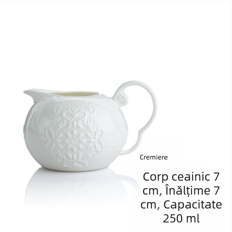 Set ceainic cu flori de fluture, cu cană de lapte și zaharniță, porțelan osos alb pur, stil european cu dantelă pentru ceaiul de după-amiază