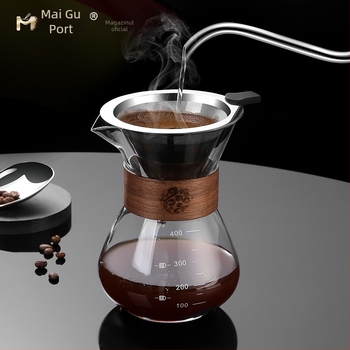 Set pentru cafea turnată manual: recipient din sticlă pentru extracție, filtru de picurare, con din oțel inoxidabil și cană-filtru