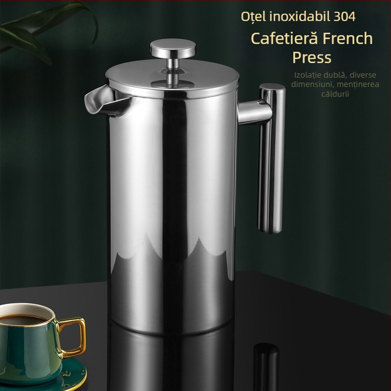Cafetieră din oțel inoxidabil, cu dublu strat și filtru din plasă, pentru exterior — stil presă franțuzească