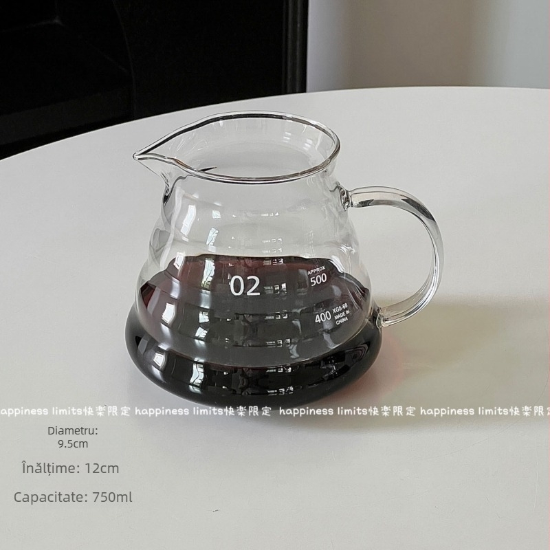 Ceșă de cafea pentru turnare manuală din sticlă borosilicat, cu scară de măsurare și filtru pentru prepararea cafelei acasă