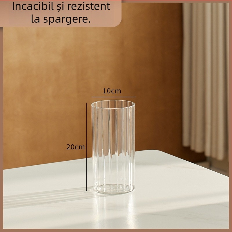 Vază transparentă din acril pentru aranjamente hidroponice de flori, design cilindric drept, dungi verticale, vază decorativă mică