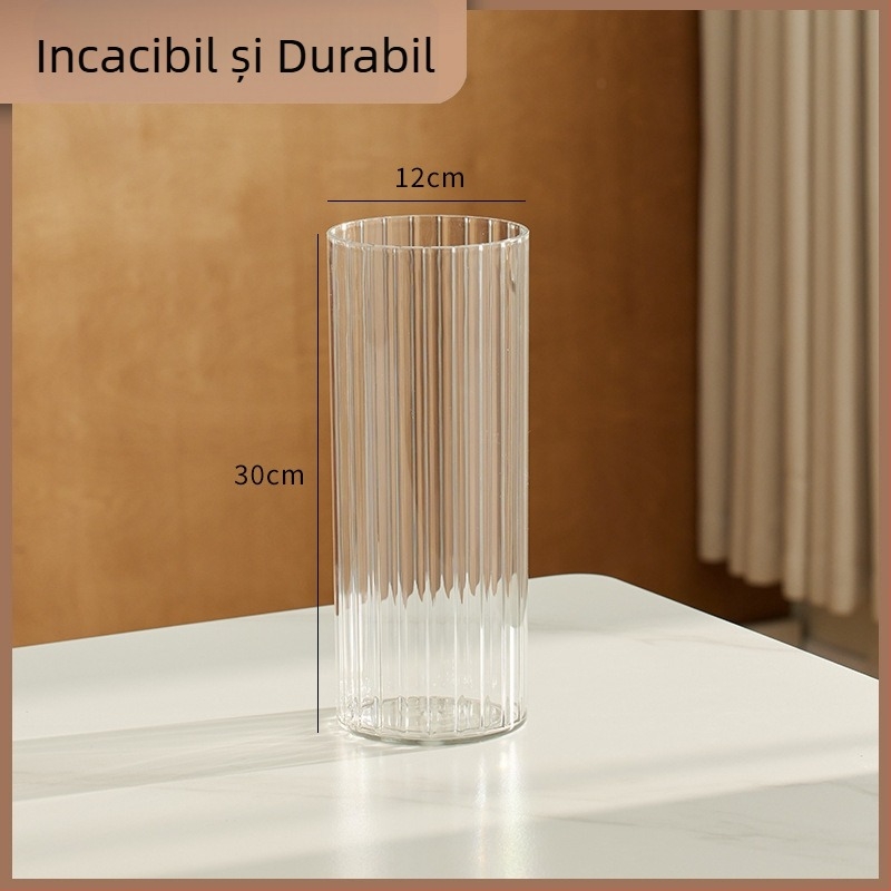 Vază transparentă din acril pentru aranjamente hidroponice de flori, design cilindric drept, dungi verticale, vază decorativă mică