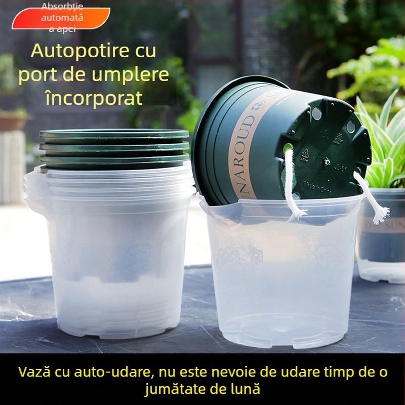 Ghiveci autoirigant din plastic cu două straturi pentru balcon interior, rezervor de apă transparent