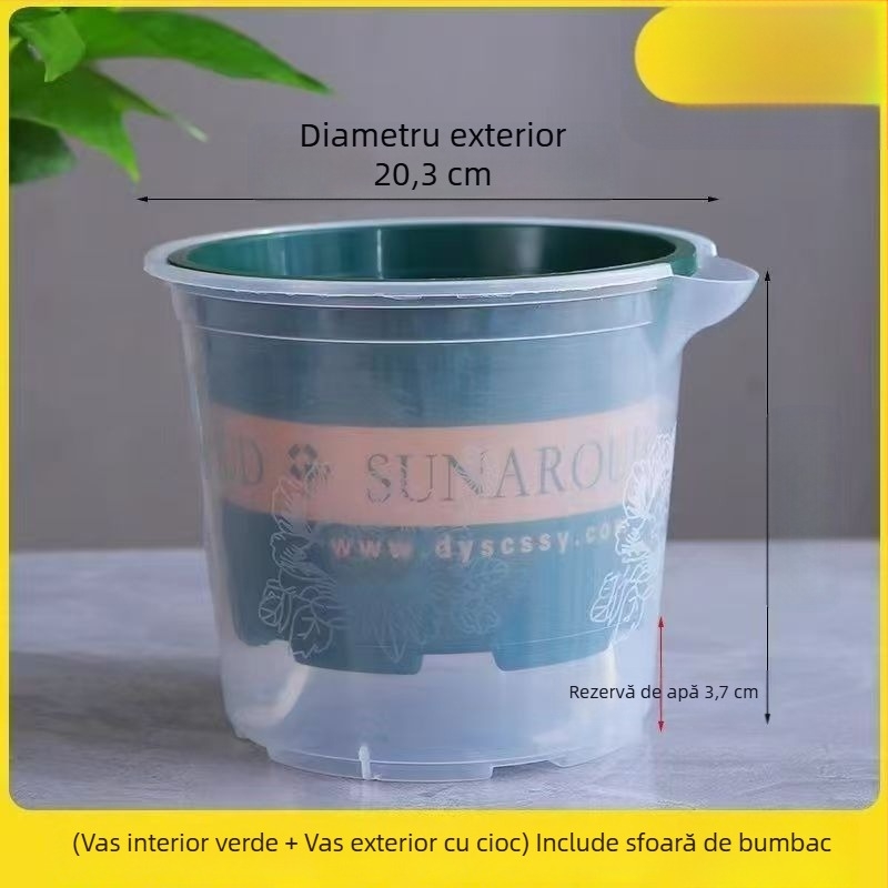 Ghiveci autoirigant din plastic cu două straturi pentru balcon interior, rezervor de apă transparent
