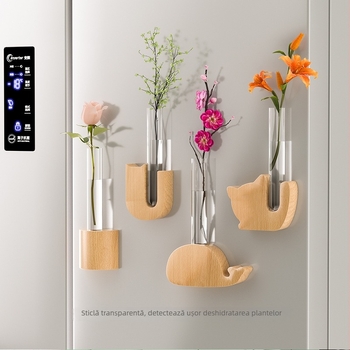 Vază din lemn pentru frigider cu magnet, tub de probă magnetic pentru aranjamente florale pe perete, decor hidroponic, vas mic
