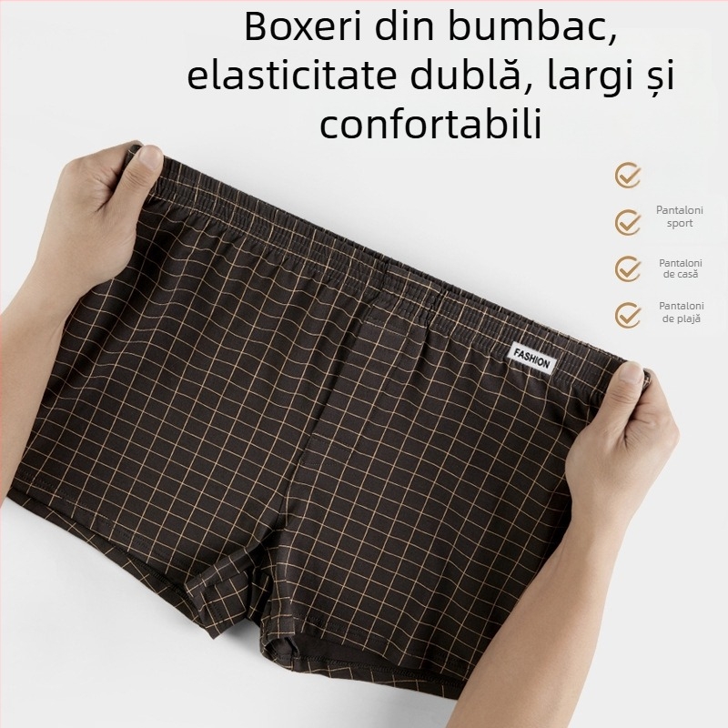 Boxeri bărbați din bumbac, în carouri și dungi, respirabili, croială lejeră, mărimi mari