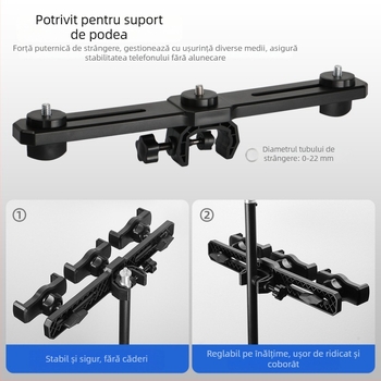 Suport pentru telefon pentru live streaming cu braț transversal dublu, trei cleme pentru telefoane, gimbal pentru selfie — accesoriu pentru trepied de podea
