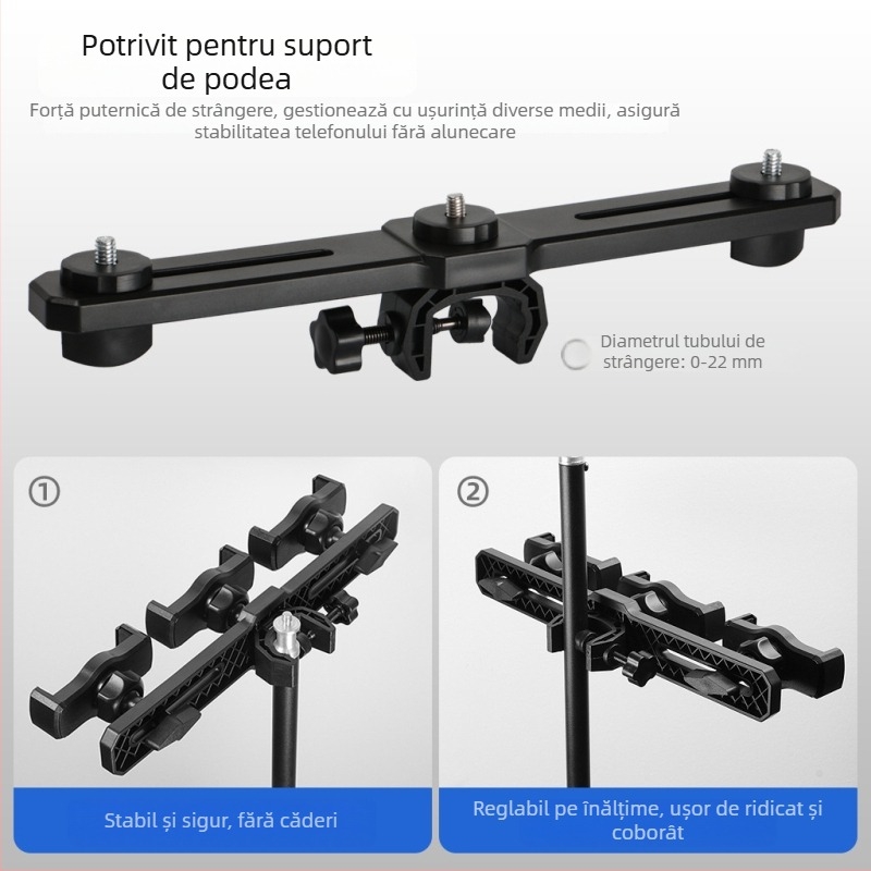 Suport pentru telefon pentru live streaming cu braț transversal dublu, trei cleme pentru telefoane, gimbal pentru selfie — accesoriu pentru trepied de podea
