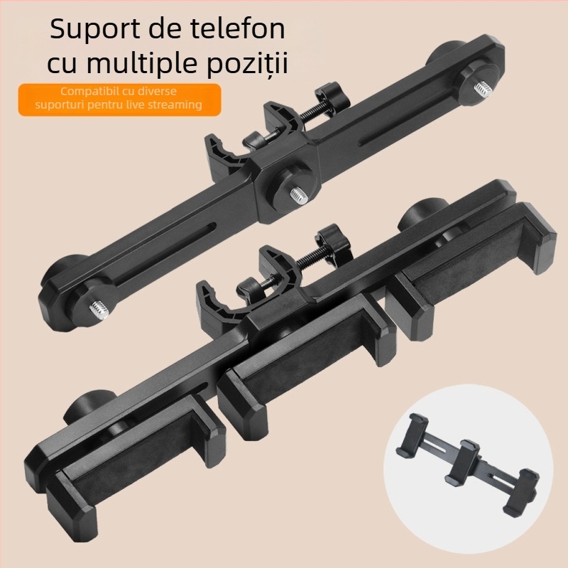 Suport pentru telefon pentru live streaming cu braț transversal dublu, trei cleme pentru telefoane, gimbal pentru selfie — accesoriu pentru trepied de podea