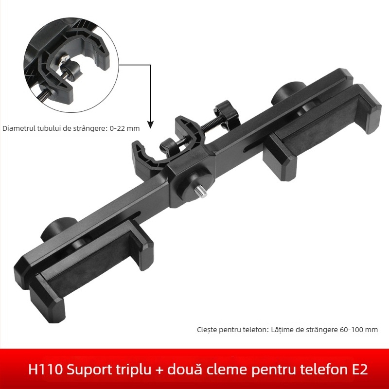 Suport pentru telefon pentru live streaming cu braț transversal dublu, trei cleme pentru telefoane, gimbal pentru selfie — accesoriu pentru trepied de podea