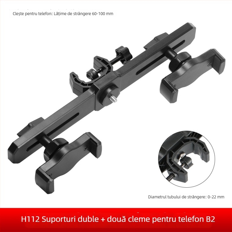 Suport pentru telefon pentru live streaming cu braț transversal dublu, trei cleme pentru telefoane, gimbal pentru selfie — accesoriu pentru trepied de podea