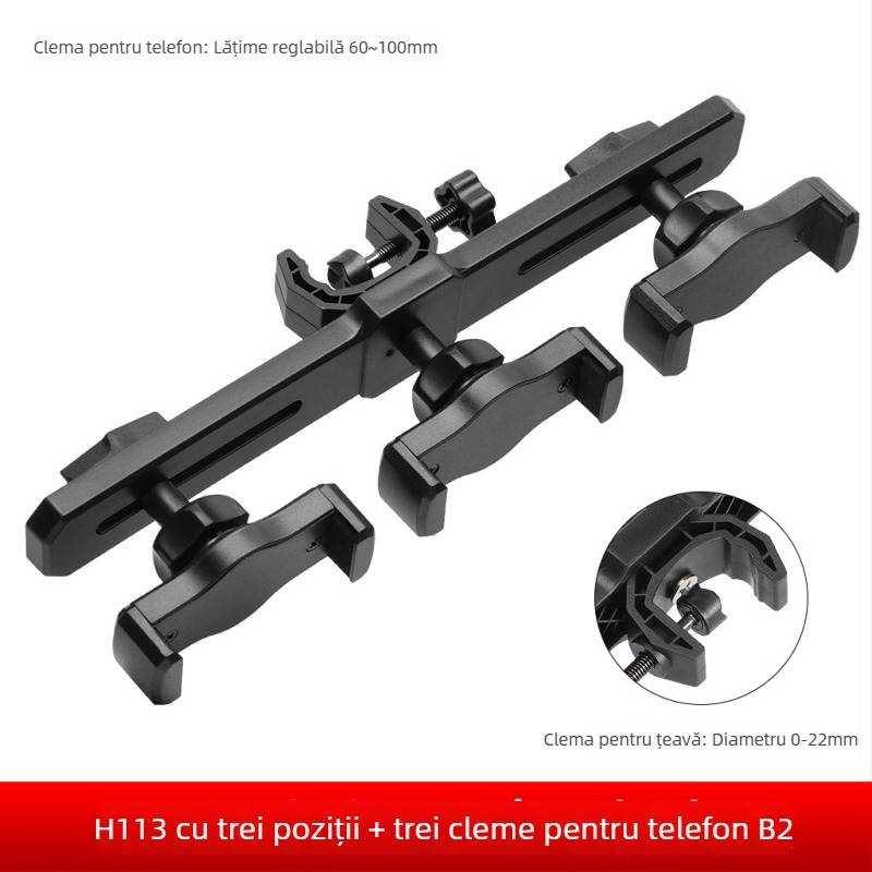 Suport pentru telefon pentru live streaming cu braț transversal dublu, trei cleme pentru telefoane, gimbal pentru selfie — accesoriu pentru trepied de podea