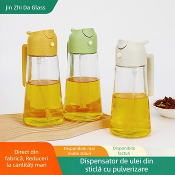 Sticlă de ulei din sticlă cu funcție dublă: pulverizare și turnare, deschidere/închidere automate, design integrat pulverizare-turnare pentru bucătărie.