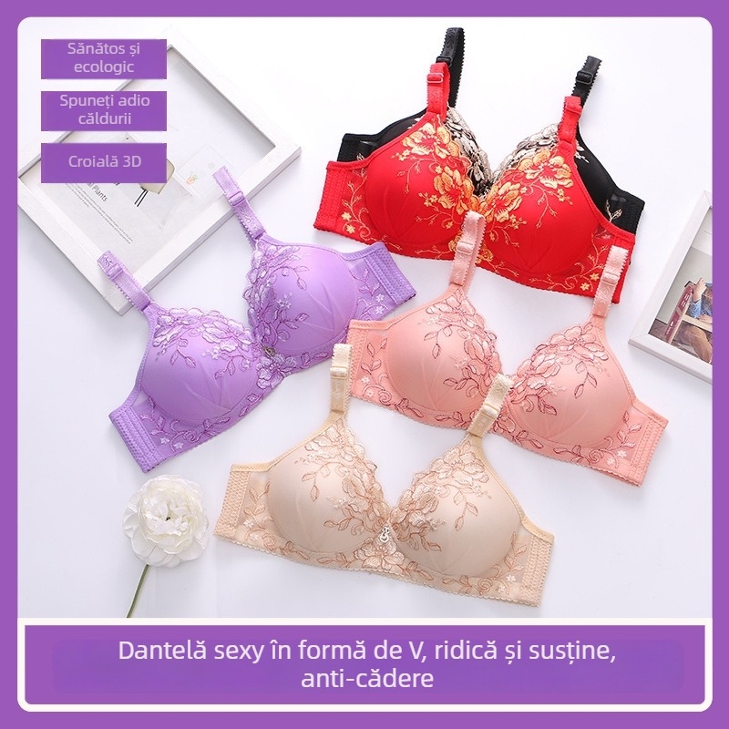 Sutien feminin fără arc, subțire, cu formă în V, broderie, respirabil, spate frumos