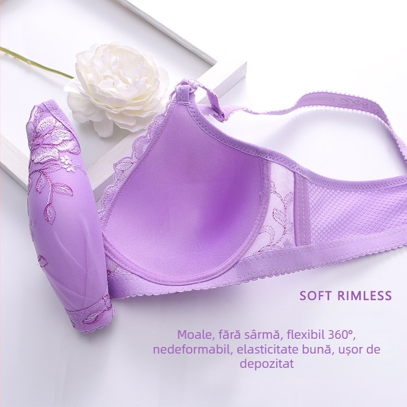 Sutien feminin fără arc, subțire, cu formă în V, broderie, respirabil, spate frumos