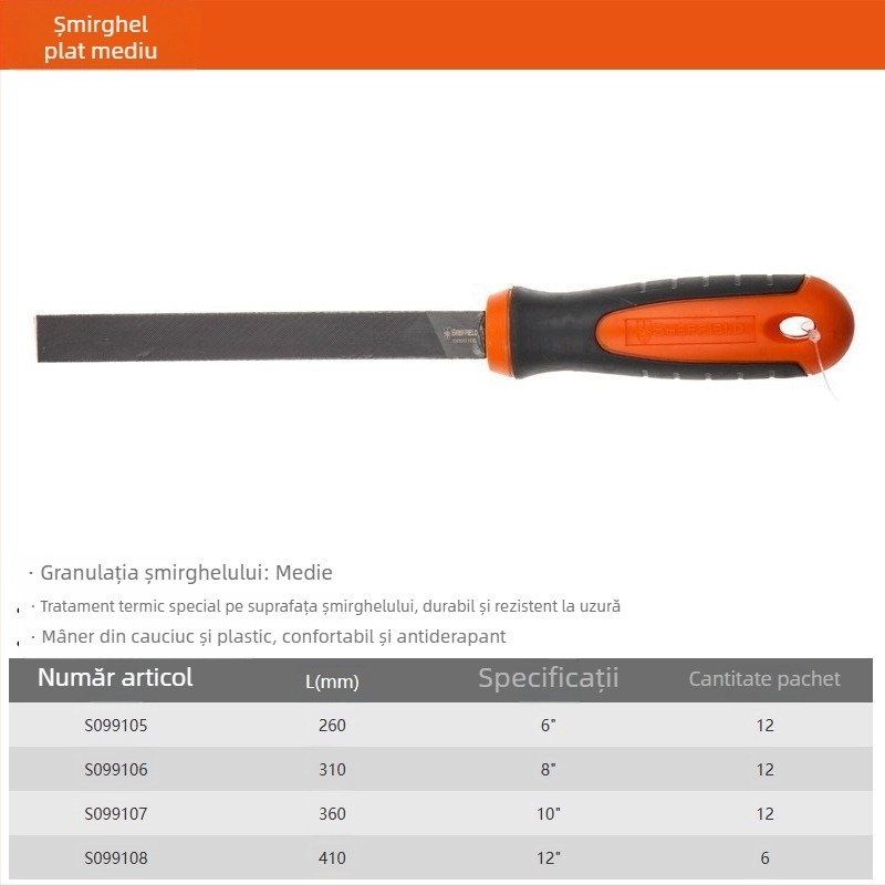 Set fișiere Steel Shield: fișiere plate, rotunde, semi-rotunde, triunghiulare și pătrate, cu dinți groși, medii și fini, 6"–12"