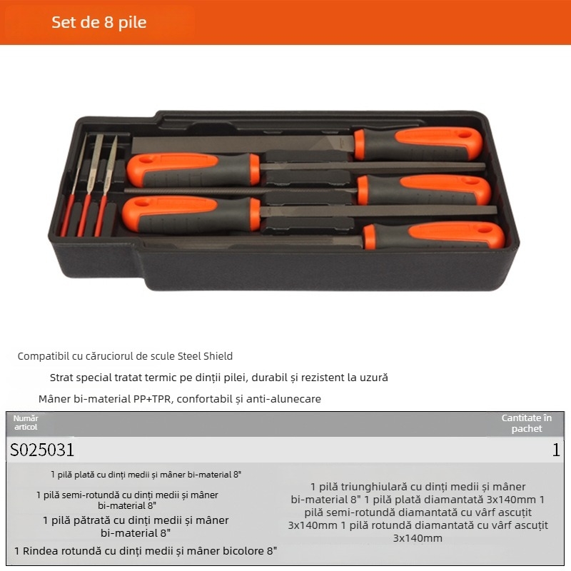 Set fișiere Steel Shield: fișiere plate, rotunde, semi-rotunde, triunghiulare și pătrate, cu dinți groși, medii și fini, 6"–12"