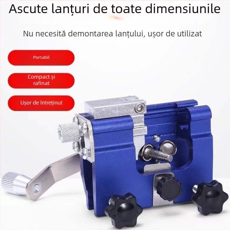 Acnistă de lanț cu manivelă, instrument portabil pentru ascuțirea lanțurilor de ferăstrău, cap de ascuțire și fișă pentru tâmplărie