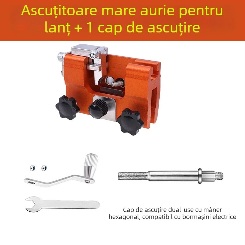 Acnistă de lanț cu manivelă, instrument portabil pentru ascuțirea lanțurilor de ferăstrău, cap de ascuțire și fișă pentru tâmplărie