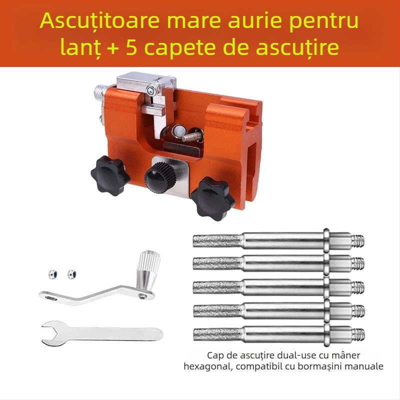 Acnistă de lanț cu manivelă, instrument portabil pentru ascuțirea lanțurilor de ferăstrău, cap de ascuțire și fișă pentru tâmplărie