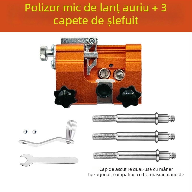 Acnistă de lanț cu manivelă, instrument portabil pentru ascuțirea lanțurilor de ferăstrău, cap de ascuțire și fișă pentru tâmplărie
