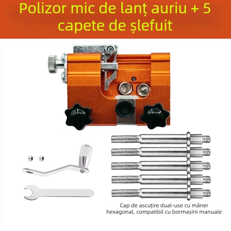 Acnistă de lanț cu manivelă, instrument portabil pentru ascuțirea lanțurilor de ferăstrău, cap de ascuțire și fișă pentru tâmplărie