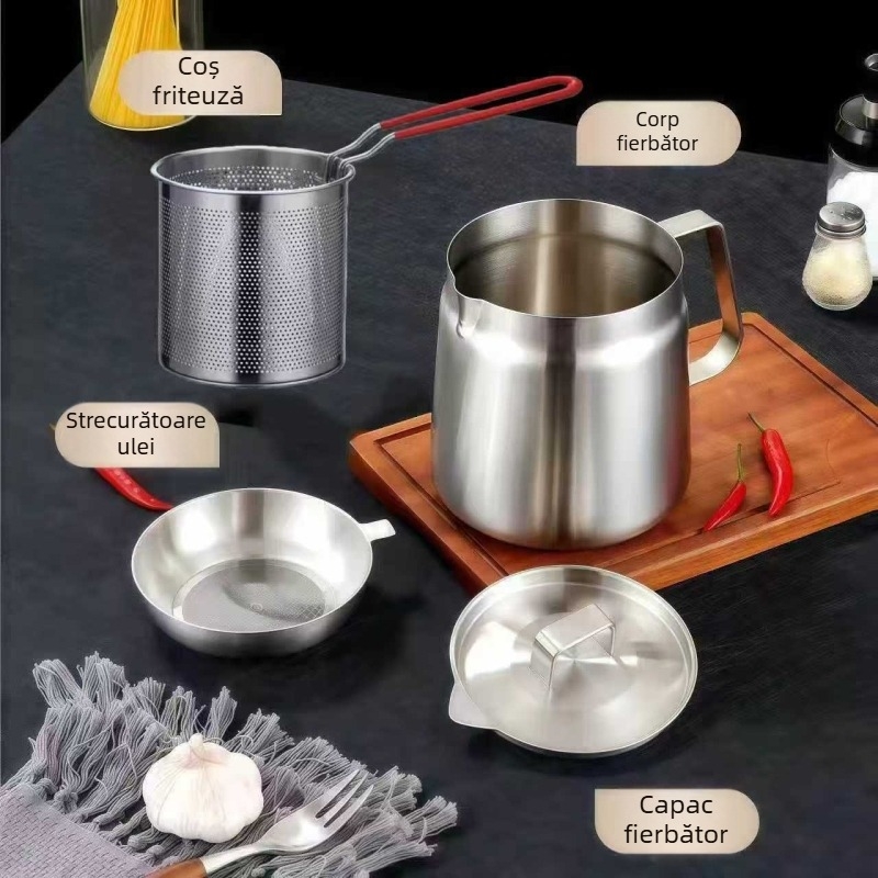 Recipient filtrare ulei din oțel inoxidabil 304, cu plasă de filtrare și rezervor de stocare – pentru grăsime și reziduuri de ulei, design minimalist modern