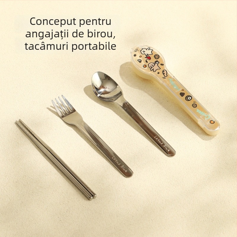 Set portabil pentru copii din oțel inoxidabil 304: furculiță, lingură și bețișoare, cutie de depozitare și cutie pentru prânz, multicolor