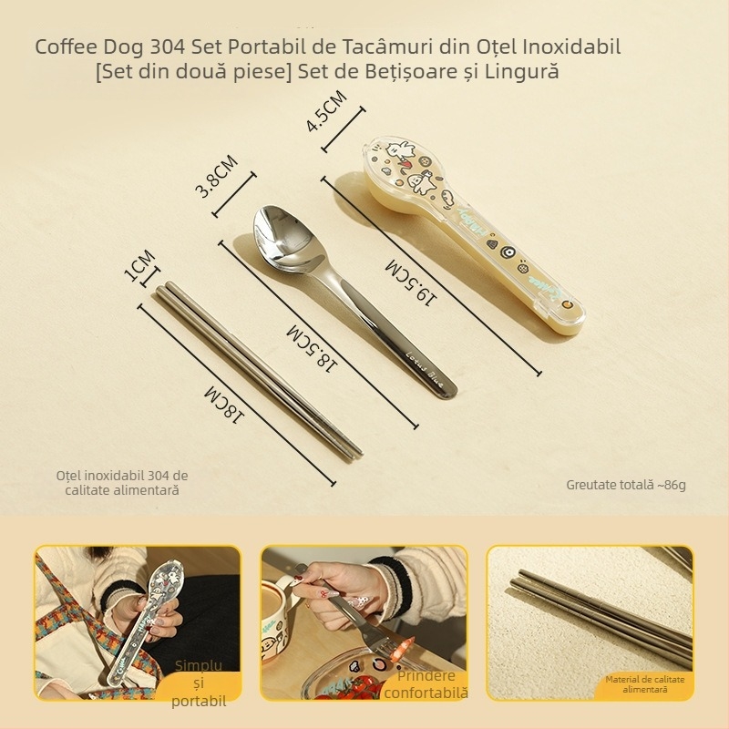 Set portabil pentru copii din oțel inoxidabil 304: furculiță, lingură și bețișoare, cutie de depozitare și cutie pentru prânz, multicolor