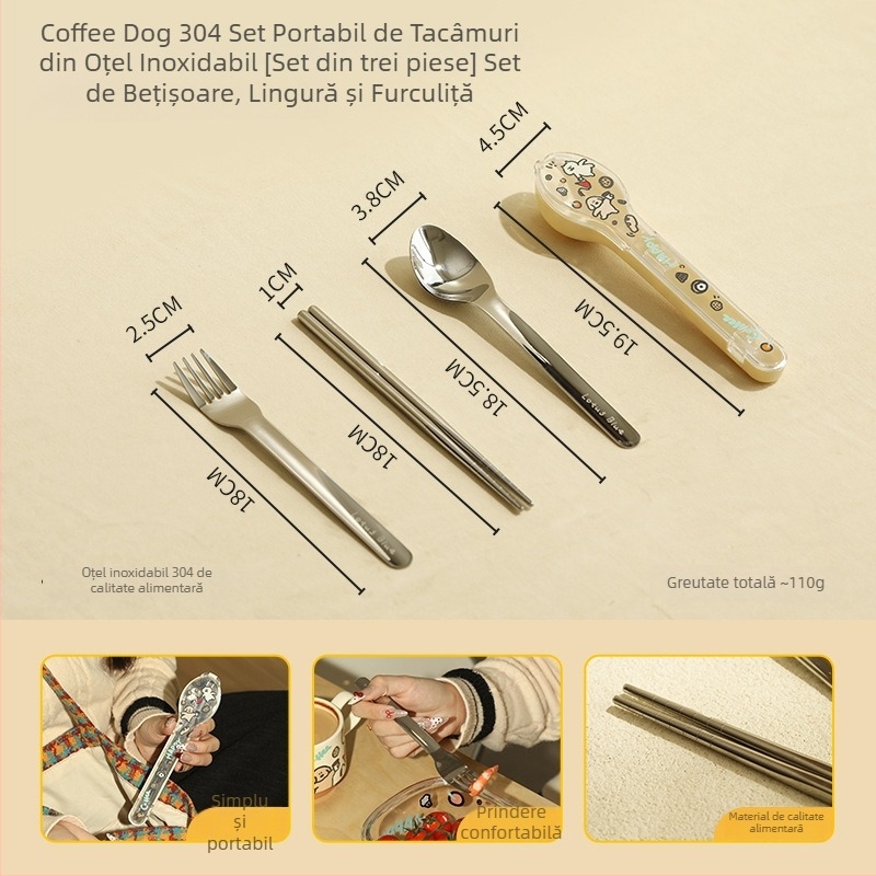 Set portabil pentru copii din oțel inoxidabil 304: furculiță, lingură și bețișoare, cutie de depozitare și cutie pentru prânz, multicolor