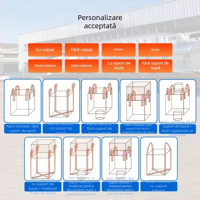 Sac vrac industrial alb, capacitate 1 tonă, patru inele de ridicare, țesătură PP, fără imprimare, dimensiuni 100x100x100 cm
