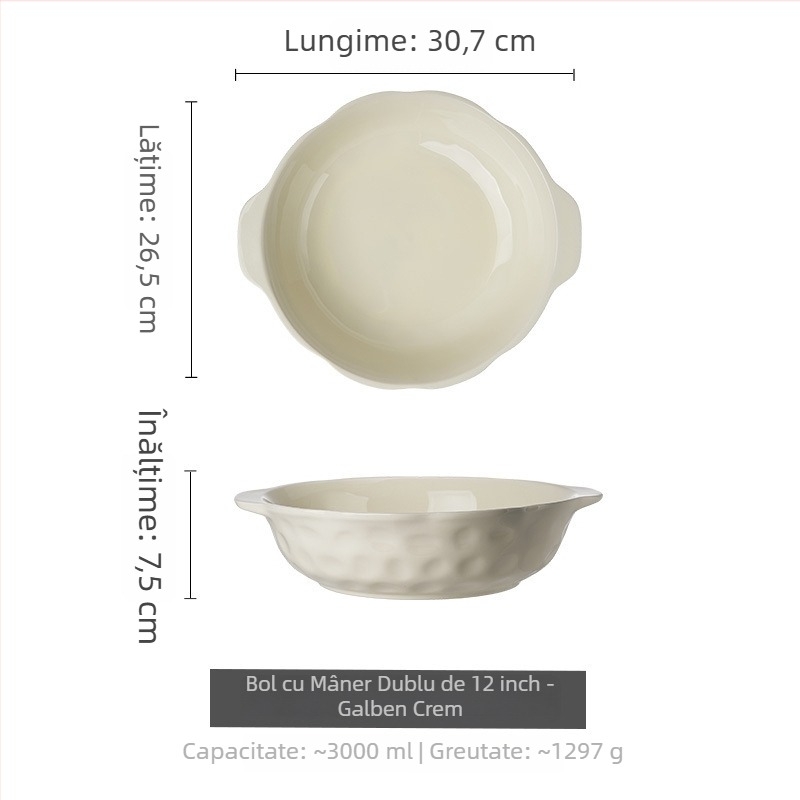 Bol ceramic mare cu mânere duble – formă neregulată, culoare sub glazură, design modern minimalist, compatibil cu microundele, diametru 20–20,9 cm, potrivit pentru supe și hot pot