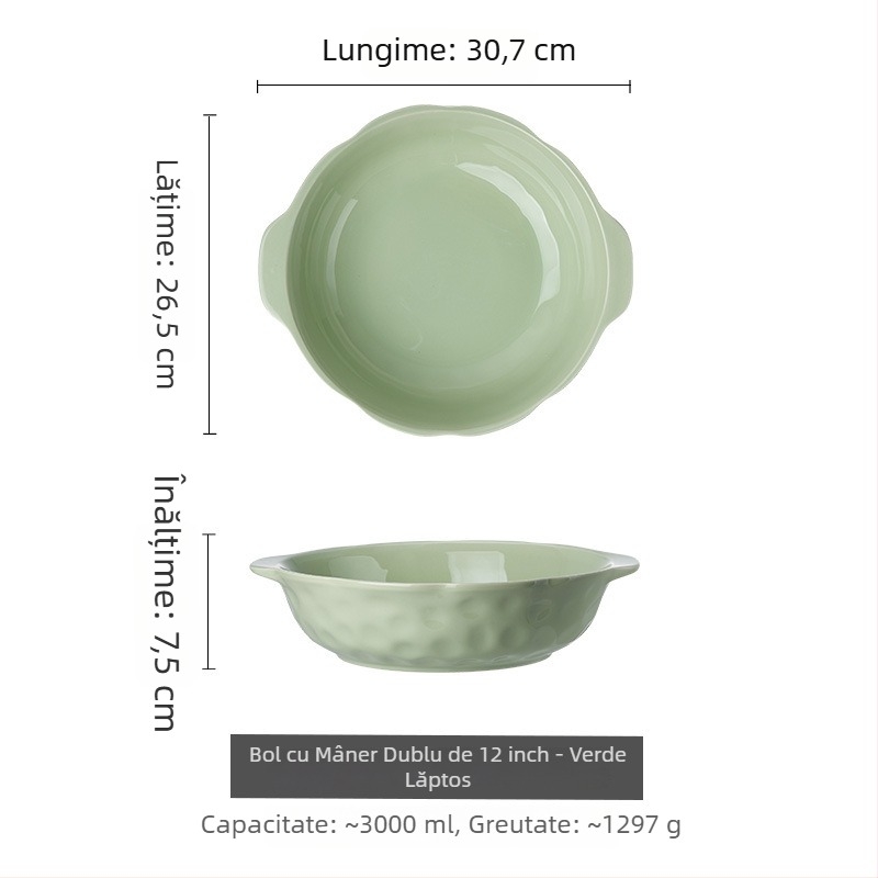Bol ceramic mare cu mânere duble – formă neregulată, culoare sub glazură, design modern minimalist, compatibil cu microundele, diametru 20–20,9 cm, potrivit pentru supe și hot pot