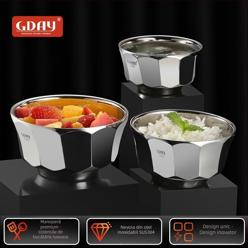 Bol din oțel inoxidabil 304, cu două straturi, bol pentru orez, design îngroșat, pentru uz casnic