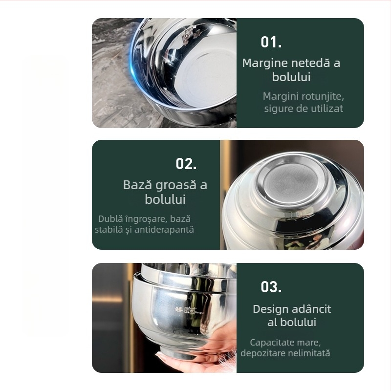 304 oțel inoxidabil de calitate alimentară, bol cu două straturi, izolație termică, protecție împotriva arsurilor, pentru supă, paste și mâncare — veselă pentru casă și școală