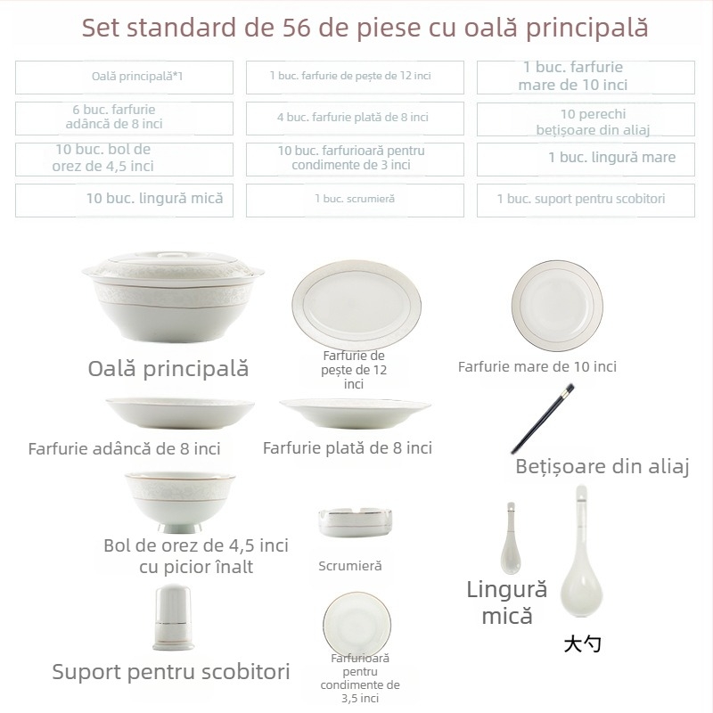 Set de veselă din porțelan de os – farfurii ceramice și boluri mici pentru bucătărie, design modern simplu